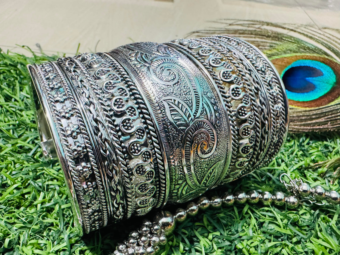 Navratri - Oxidised Silver-Plated Handcuff Bangle Kada