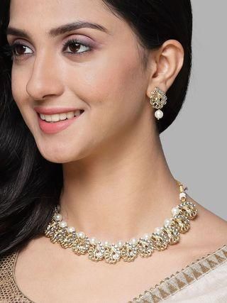 A1 Gold Plated Peacock Design Kundan and Pearl Choker Necklace Set for Women