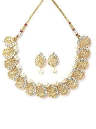 A1 Gold Plated Peacock Design Kundan and Pearl Choker Necklace Set for Women