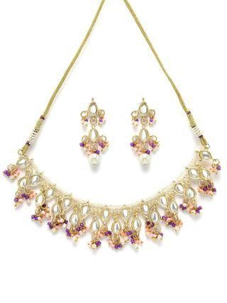 Gold Plated Pink and Purple Crystal Kundan Necklace Set for Women