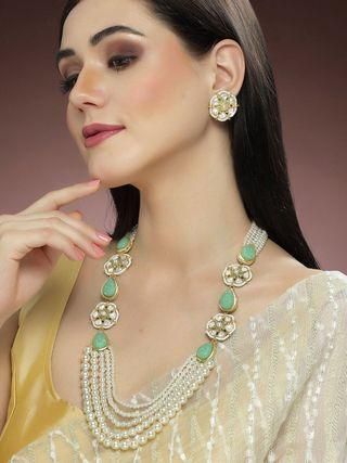 Pearl Beaded Light Green Carved Stone Kundan Rani Haar Necklace Set for Women