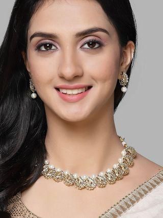 A1 Gold Plated Peacock Design Kundan and Pearl Choker Necklace Set for Women