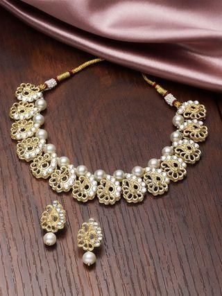 A1 Gold Plated Peacock Design Kundan and Pearl Choker Necklace Set for Women