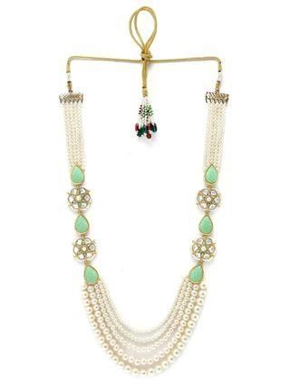 Pearl Beaded Light Green Carved Stone Kundan Rani Haar Necklace Set for Women