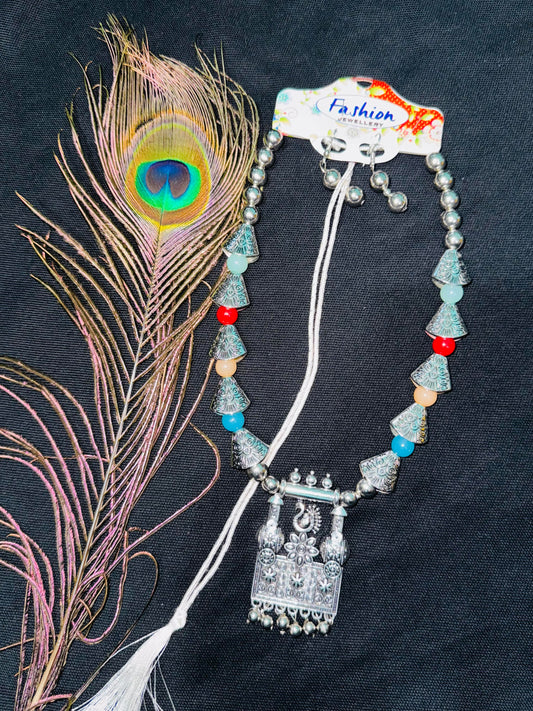 Oxidized Multicolor Beads Long Necklace Set With Earrings and Peacock pendant